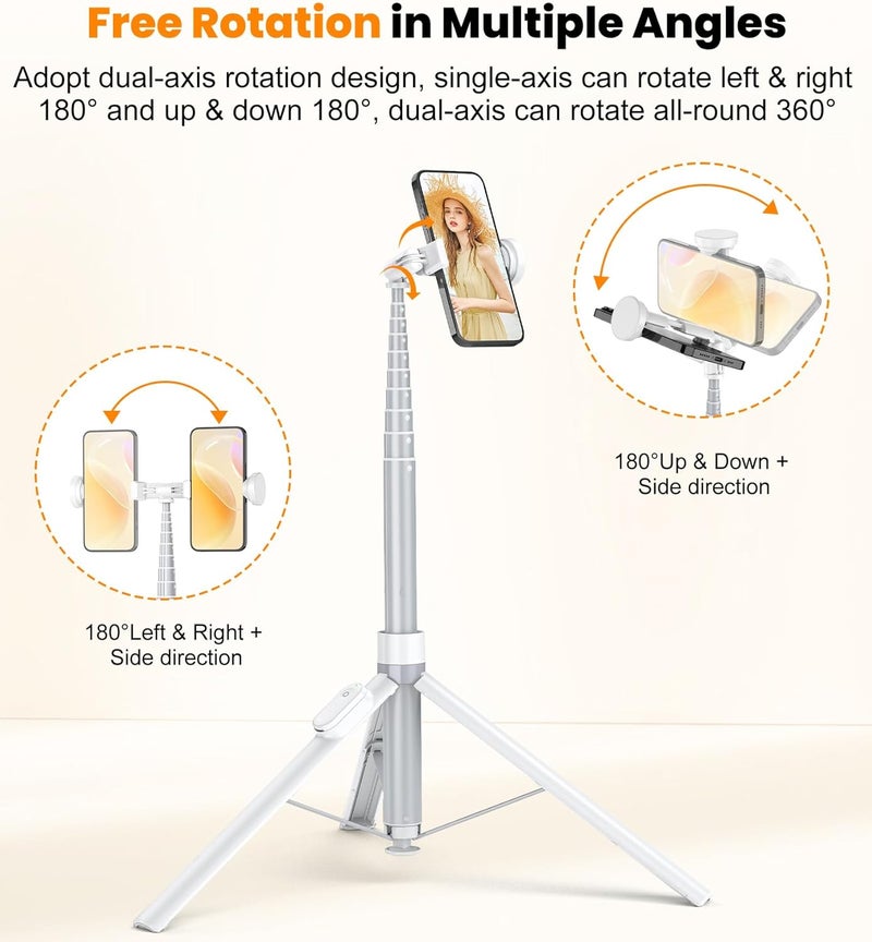 TONEOF 66" Automatic Phone Tripod with Magnetic Rechargable Remote,Selfie Stick 360° Vertical & Horizontal Rotatable,Stable for iPhone/Android(White) - Image 4